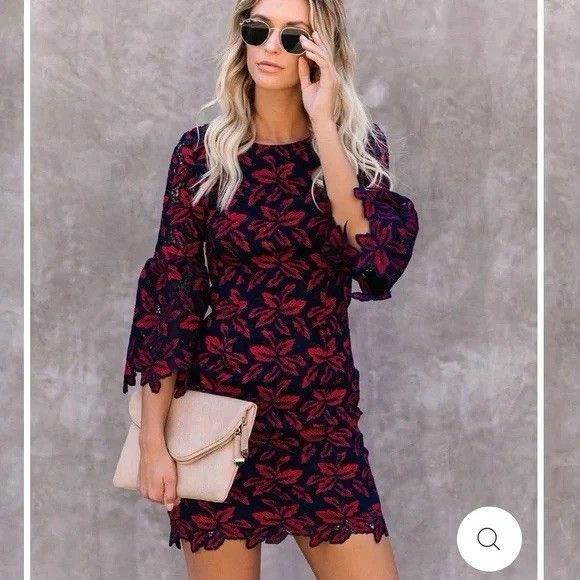 Navy/ Red Lace Overlay Minuet Short Bell Sleeve Dress Size Small Game Day Formal - Picture 1 of 7